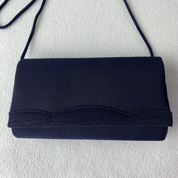 La Regale Navy Blue Fabric Rectangle Clutch Shoulder Evening Bag Purse 90’s - Picture 2 of 14